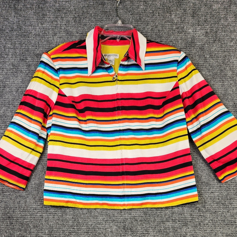 Mishca Red Black Orange White Blue Yellow Teal Stripe 3/4 Sleeve Jacket Sz XL